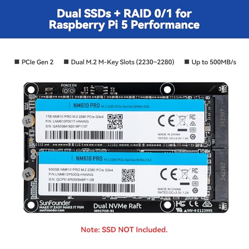 SunFounder Dual NVMe Raft for Raspberry Pi 5 PCIe Gen 2.0 to M.2 HAT Key-M SSD Hailo-8L AI Accelerator PIP M.2 2230/2242/2260/2280, NAS RAID 0/1, Manual (Not Compatible with the Pironman Series)