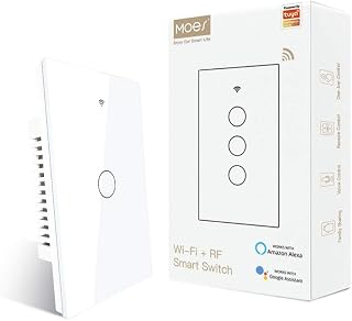 MOES Touch Wall Single Live Wire Smart Switch，No Neutral Wire Needed, 2.4GHz WiFi RF433 Light Switch Works with Smart Life/Tuya App, Alexa and Google Home, Single Pole 110V, White 1 Gang