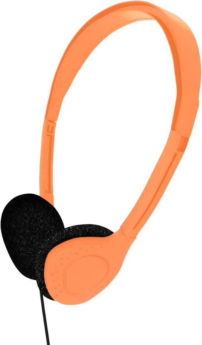 Maeline Bulk Classroom Student Headphones On Ear Stereo Headphones Adjustable Band & Foam Cushions for Kids Online Learning, Library, School, Airplane, Travel - 3.5mm Plug - 1 Pack - Orange