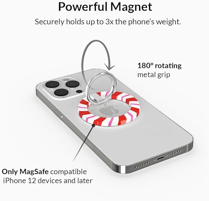 VELVET CAVIAR Compatible with MagSafe Phone Grip - Magnetic Ring Holder with Adjustable Stand - Removable MagSafe Accessories for iPhone 16, 15, 14, 13, 12 (Christmas Peppermint Princess)