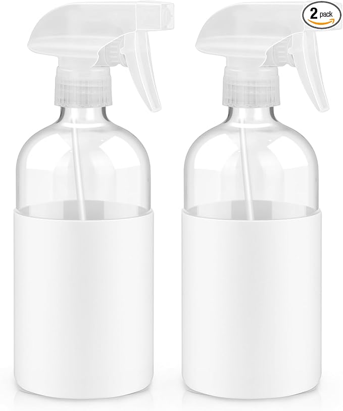 2 Pack Glass Spray Bottles with Silicone Sleeve, 16 oz Empty Refillable Containers with Adjustable Spray Nozzles, Spray Bottles for Hair, Cleaning Solutions and Plants White