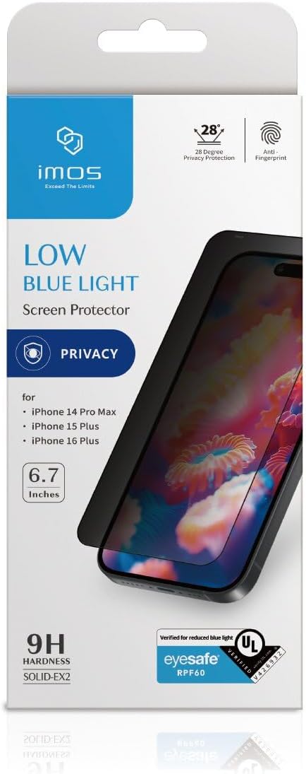 imos Screen Protector for iPhone 16 Plus / 15 Plus / 14 Pro Max, 2.5D Blue Light Block Privacy Screen Protector Tempered Glass, Durable and Drop-Resistant, Bubble Free, Easy Installation