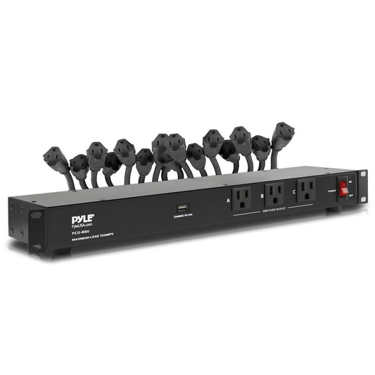Pyle 19 Outlet 1U 19" Rackmount PDU Power Distribution Supply Center Conditioner Strip Unit Surge Protector 15 Amp Circuit Breaker USB Multi Device Charge Port 15FT Cord (PCO860) Black