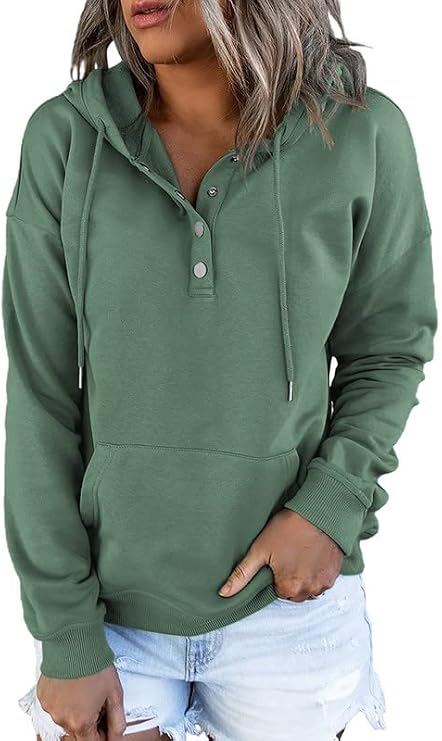 Dokotoo Hoodies for Women Button Collar Drawstring Sweatshirt Hooded Tops