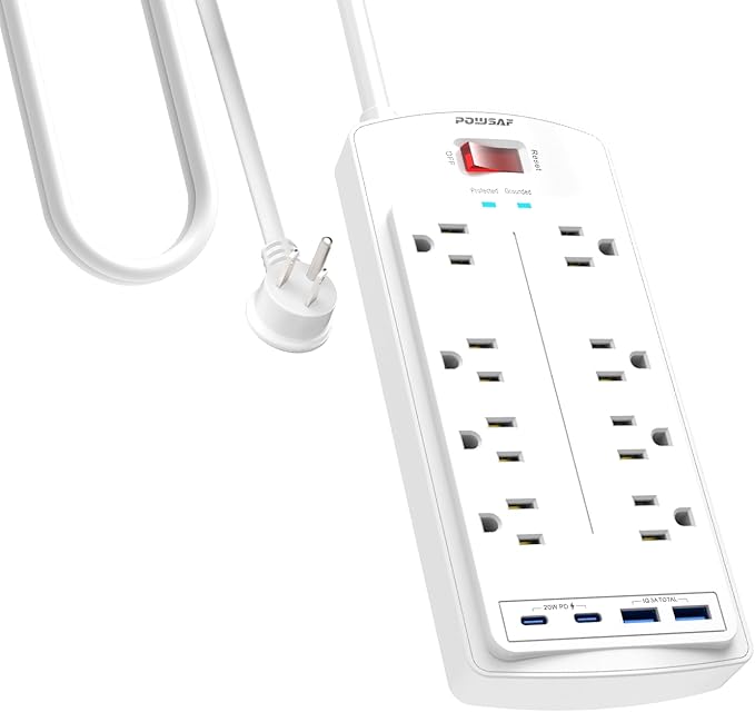 8-Outlet Surge Protector Power Strip, POWSAF 10Ft Flat Plug Extension Cord with 2 USB-C (PD 20W) Fast Charging Ports and 2 USB-A Ports for Home, Office, 2700 Joules, ETL, White