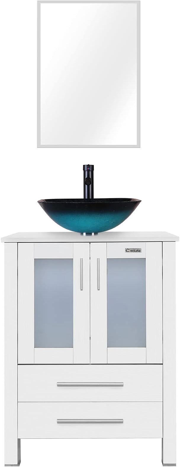 eclife 24" Modern Bathroom Vanity Sink Combo Freestanding Cabinet with Soft Closing Door, Turquoise Square Glass Vessel Sink, Water Save Faucet, Drain (White+A10)