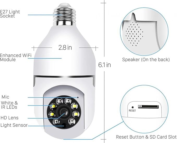 NUSET Smart WiFi Camera, E27 Bulb Security Camera with Pan -Tilt Panoramc View, 2MP, 2 Packs, White