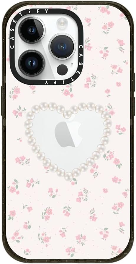 CASETiFY Impact Case for iPhone 14 Pro [Slim / 8.2 ft. 4X Military Grade Drop Protection/Wireless Charging Compatible] - Pearly Heart - Clear Black