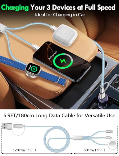 Travel Essentials for Apple Watch Charger,iPhone Charger,3 in 2 Multi Charging Cable,Type C/Lightning/Magnetic Fast Charging Cable [Portable] for iWatch Series Ultra/11/10/9/SE,iPhone 17-11-6FT Blue