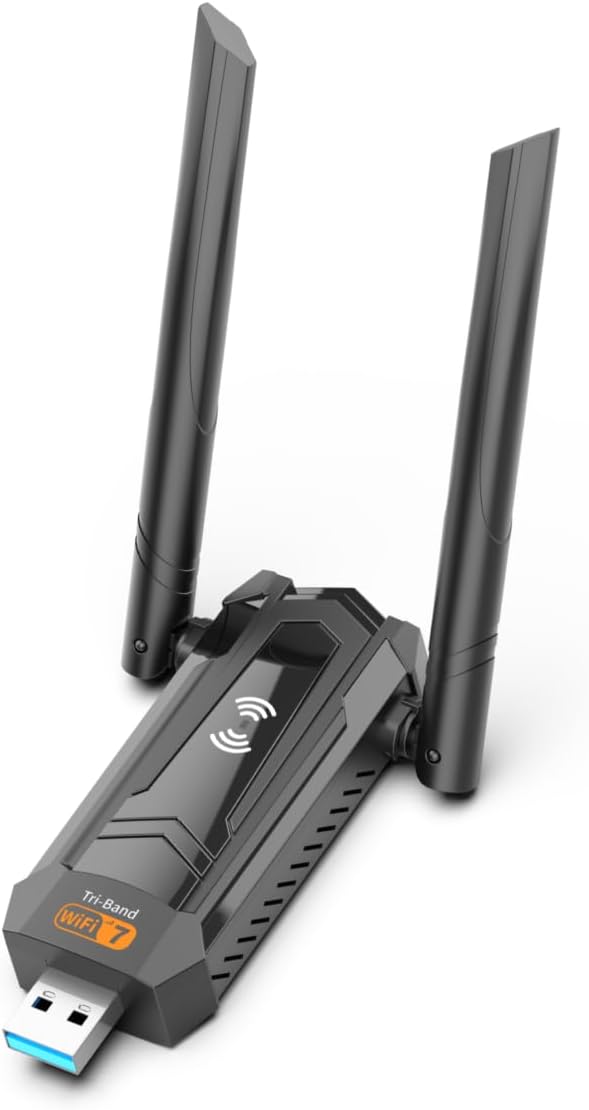 BE6500 Wi-Fi 7 USB WiFi Adapter for Desktop PC, Laptop, 6452Mbps Tri-Band Wireless Network Card,5dBi High Gain Antennas, USB 3.0 Driver-Free for Windows 11/10 only
