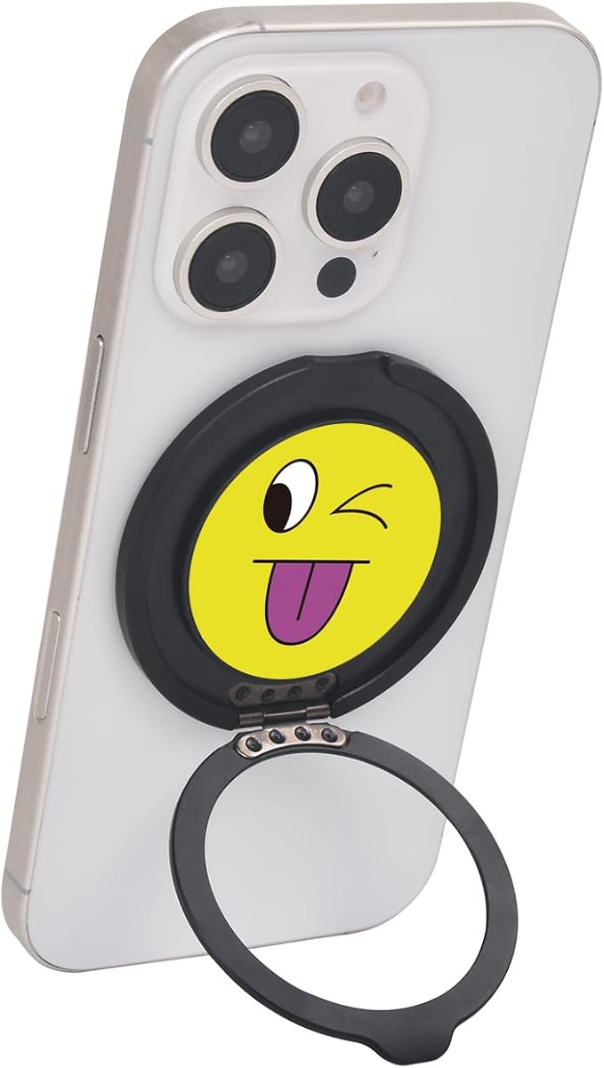 Cell Phone Ring Holder, Phone Grip, Magnetic Phone Ring Stand，Ultra Thin Phone Kickstand with Finger Loop Strap, Phone Ring Holder for Mag-Safe iPhone 16/15/14/13/12 Series (black-48# Smile face)