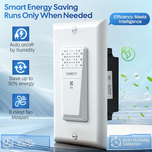 Humidity Sensor Switch for Bathroom Fan with Wall Plate, Automatic On/Off Control, Single Pole, 120VAC 60Hz, 20-Min Delay Timer, Quiet Energy-Saving Moisture Sensor Switch for Laundry ETL Certified