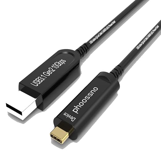 phoossno UL CMP Plenum Rated USB A to C Fiber Optical 3.1 Cable 10Gbps 50FT Compatible with Microsoft Azure Logitech Camera Aver&Vaddio&Barco ClickShare Touch Screen Kinect Intel RealSense
