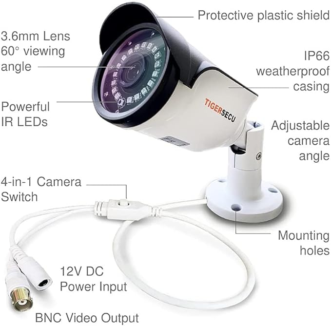 TIGERSECU 1080P Long Range Bullet Security Camera for DVR, Weatheproof for Indoor/Outdoor Use, Hybrid 4-in-1 OSD Switch for TVI/CVI/AHD/CVBS DVRs (Power Supply and Coaxial Cable Sold Separately)