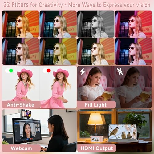 6K Digital Camera for Photography Autofocus, 64MP WiFi Vlogging Camera for YouTube with 3" 180° Flip Screen 16X Zoom, 64GB SD Card & 2 Batteries Pink Compact Travel Camera for Beginners Teens