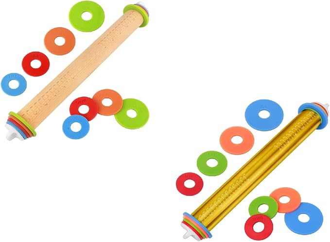 Wood Rolling Pin with Thickness Rings, Adjustable Wooden Rolling Pins for Baking, Adjustable Rolling Pins for Baking, Stainless Steel Rolling Pin with Thickness Rings, Metal Dough Roller for Fondant