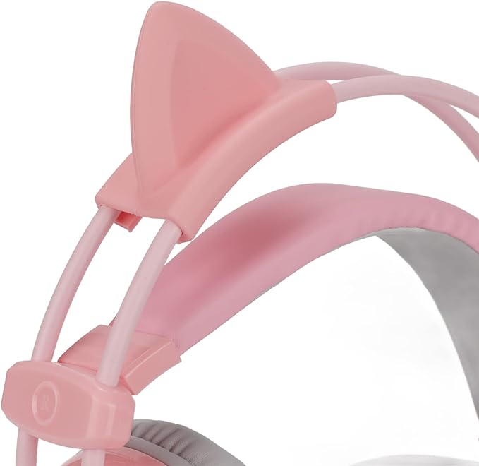 Cute Pink Cat Ears Gaming Headset for, 7.1 Surround Headband Wired Gaming Headset Bass Surround and Noise Cancelling with Mic for Laptop PC Smartphones (Grey and Pink)