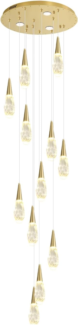 H118 Chandeliers for High Ceiling Gold Modern Crystal Pendant Light 12-Lights Crystal Raindrop Chandelier for Living Room Staircase Villa