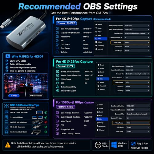 Guermok 4K@60FPS Capture Card for Streaming, 2K@120FPS USB3.0 HDMI Capture