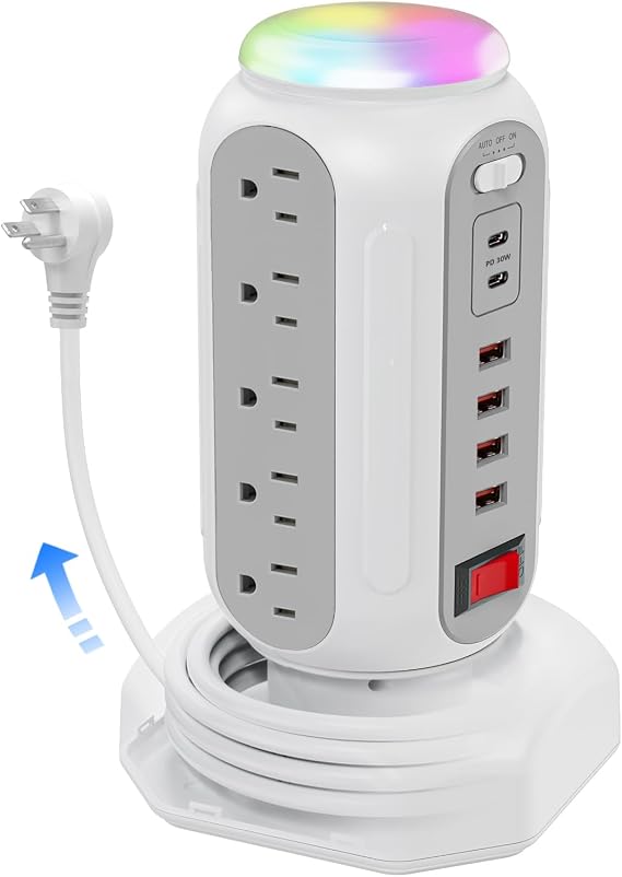 Fast Charging Station Power Tower - 15 AC Outlets & Dual USB-C 30W (Single Port 30W/2 Ports 15W Each), 4 USB-A, Retractable Cord Surge Protector with Top Night Light for Home Office Dorm Room