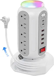 Fast Charging Station Power Tower - 15 AC Outlets & Dual USB-C 30W (Single Port 30W/2 Ports 15W Each), 4 USB-A, Retractable Cord Surge Protector with Top Night Light for Home Office Dorm Room