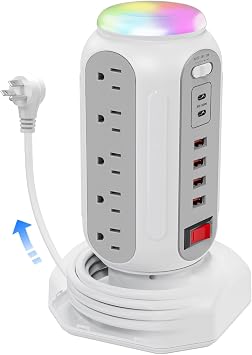 Fast Charging Station Power Tower - 15 AC Outlets & Dual USB-C 30W (Single Port 30W/2 Ports 15W Each), 4 USB-A, Retractable Cord Surge Protector with Top Night Light for Home Office Dorm Room
