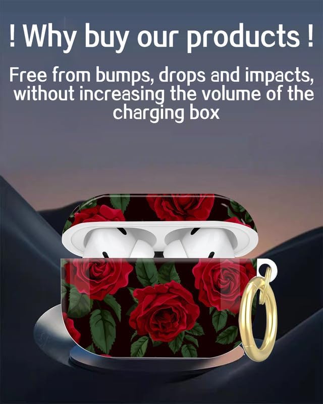 Compatible with AirPod Pro 2nd/1st Generation Case Cover with Key Chain,Full Protective Shockproof Wireless Headphone Case for Airpod Pro 2023/2022/2019(Red Roses)