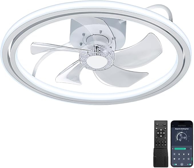 20" Low Profile Ceiling Fan with Light, Flush Mount Bladeless Fandelier, Quiet DC Motor,App and Remote Control，Dimmable LED Light,Enclosed Fan for Bedroom Bunk Bed Kids Room, White