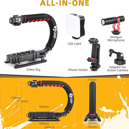 Zeadio Video Handheld Stabilizer, All-in-One Camera Handle Grip Rig Kit with Dimmable LED Video Light, Microphone, Phone Holder, Action Camera Adapter for Filmmaking Vlogging YouTube TikTok etc