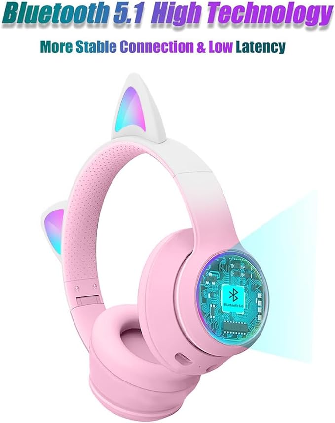 Cat Ear Gaming Bluetooth 5.2 Wireless Foldable Headphones with LED Light, Stereo Game Surround Sound Over-Ear Headsets with Microphone AUX for PC, Pad, Mobile, Laptop, Game, Kids, Gift