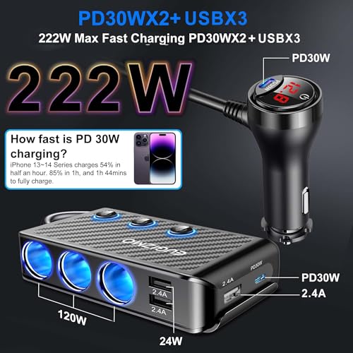 EUGIZMO 8 in 1 Cigarette Lighter Adapter,3 Socket Car Charger Plug Splitter