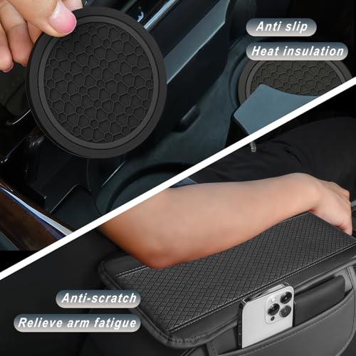6 PCS Car Accessories Set, 14.5-15 Inch Car Steering Wheel Cover, Armrest Cover, Seat Belt Cushion, Cup Coaster, Interior Auto Accessories for Men Women, Fit for Most Vehicles (Black)
