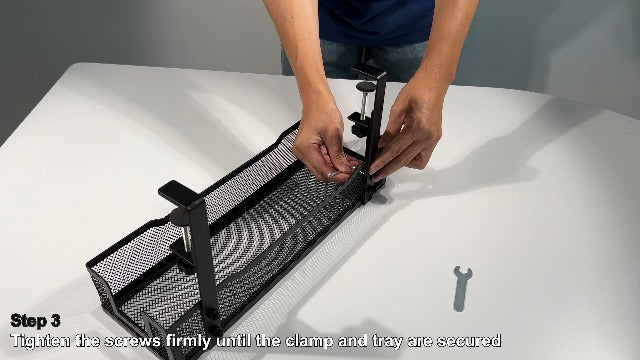 No Drill Under Desk Cable Management Tray with clamp-Premium Wire Tray Cord Organizer – Thin Steel Cable Tray Basket with Charger Holder for Desk–Black Cable Management Box–Easy to Install