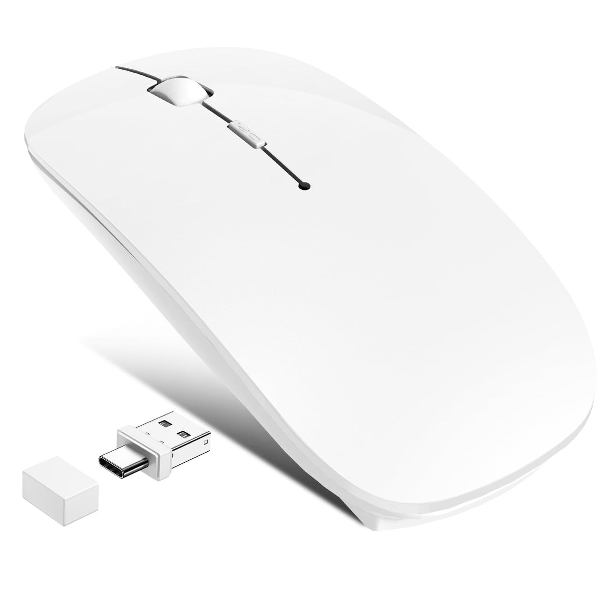 Wireless Mouse for MacBook Air iPad Pro PC Laptop, Bluetooth Rechargeable Computer Mice with Jiggler Mode, Silent 3 Mode (BT 5.2/3.0 & USB-A/USB-C Receiver) Type-C Slim Travel Mouse, White