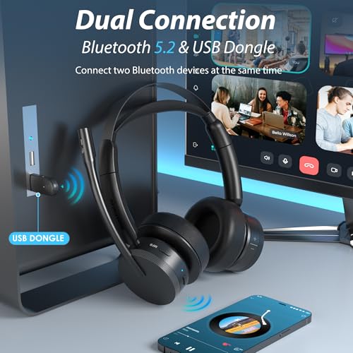 Wireless Headset with Mic for Work, Bluetooth Headset with Noise Cancelling