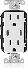Leviton 30W (6A) USB Dual Type-C/C Power Delivery In-Wall Charger with 15A Tamper-Resistant Outlet, USB Charger for Smartphones, Tablets, Laptops, T5635-W, White - Image 1