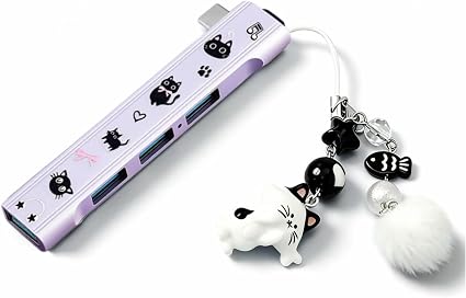 FKZ Type-C 4-Port Sticker Cat-Shaped Charm USB Hub,Equipped with Type-C Port,Plug-and-Play,Supports Up to 4 USB Ports(Transmission Rate:5 Gbps),Compatible with Mac/Windows/Laptop(Purple)