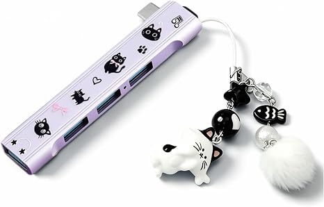 FKZ Type-C 4-Port Sticker Cat-Shaped Charm USB Hub,Equipped with Type-C Port,Plug-and-Play,Supports Up to 4 USB Ports(Transmission Rate:5 Gbps),Compatible with Mac/Windows/Laptop(Purple)