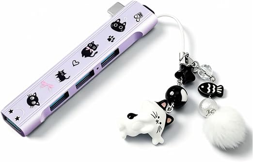 FKZ Type-C 4-Port Sticker Cat-Shaped Charm USB Hub,Equipped with Type-C Port,Plug-and-Play,Supports Up to 4 USB Ports(Transmission Rate:5 Gbps),Compatible with Mac/Windows/Laptop(Purple)