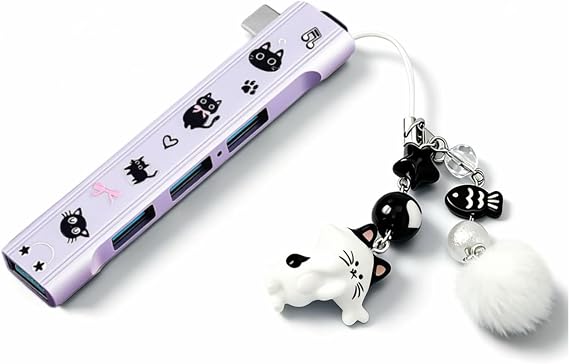 FKZ Type-C 4-Port Sticker Cat-Shaped Charm USB Hub,Equipped with Type-C Port,Plug-and-Play,Supports Up to 4 USB Ports(Transmission Rate:5 Gbps),Compatible with Mac/Windows/Laptop(Purple)