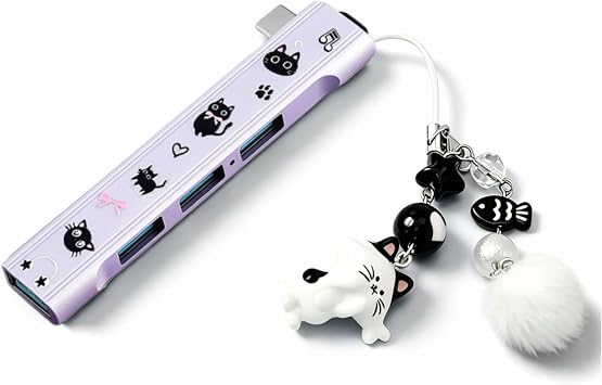 FKZ Type-C 4-Port Sticker Cat-Shaped Charm USB Hub,Equipped with Type-C Port,Plug-and-Play,Supports Up to 4 USB Ports(Transmission Rate:5 Gbps),Compatible with Mac/Windows/Laptop(Purple)