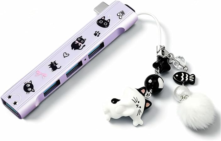 FKZ Type-C 4-Port Sticker Cat-Shaped Charm USB Hub,Equipped with Type-C Port,Plug-and-Play,Supports Up to 4 USB Ports(Transmission Rate:5 Gbps),Compatible with Mac/Windows/Laptop(Purple)
