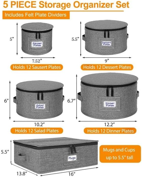 punemi Rigid China Storage Containers 5-Piece Set with Dividers, Quilted Stackable Plate & Dish Storage Protectors, Adjustable Mug and Cup Storage Organizer for Moving and Dinnerware storage, Grey