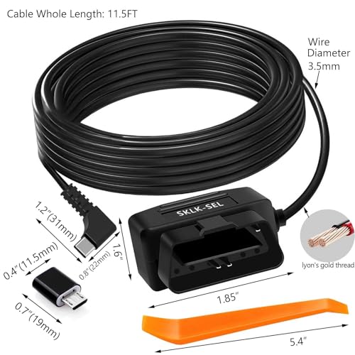 Dash Cam OBD Hardwire Kit Dash Camera USB Type C Hardwire Kit with OBD Power Cable for 12-24V to 5V/3A with Low Voltage Protection 24h Parking Surveillance/Acc Mode for Dashcam, GPS or Radar