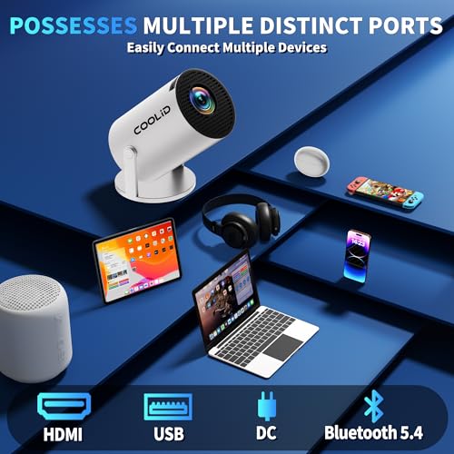 [Built-in Apps & 2026 Upgraded] Mini Projector Support 4K 1080P Auto Keystone 180° Rotatable with WiFi 6 and Bluetooth 5.4, Projector Portable Compatibile with HDMI/TV Stick/Memory Stick/Laptop-White