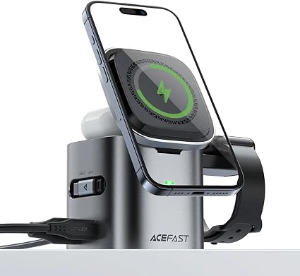 ACEFAST 6-in-1 80W Foldable GaN Wireless Fast Charging Station for iPhone 17/16/15 Series, Desktop Magnetic Wireless Charger Dock Station with USB C Rretractable Cable for AirPods 2/3/4/Pro 2/Pro 3