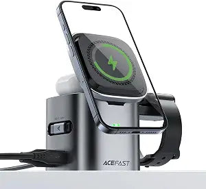 ACEFAST 6-in-1 80W Foldable GaN Wireless Fast Charging Station for iPhone 17/16/15 Series, Desktop Magnetic Wireless Charger Dock Station with USB C Rretractable Cable for AirPods 2/3/4/Pro 2/Pro 3