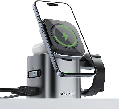 ACEFAST 6-in-1 100W GaN Fast Charging Station for iPhone 17 16 Series,with USB C Retractable Cable,Qi2 25W Magnetic Wireless Charger Desktop Stand for iWatch/for Samsung Galaxy Watch/Airpods
