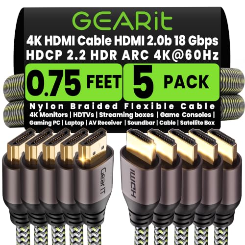 GEARit 4K HDMI Cable 0.75 Ft 5 Pack, High Speed HDMI 2.0b 60Hz Braided