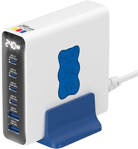 Haribo 240W GaN Charging Station, 6-Port USB-C & USB-A Charger, PD 3.1 (140W) & QC 5.0, Compatible with MacBook, iPhone, Galaxy, Pixel, iPad, Tablets